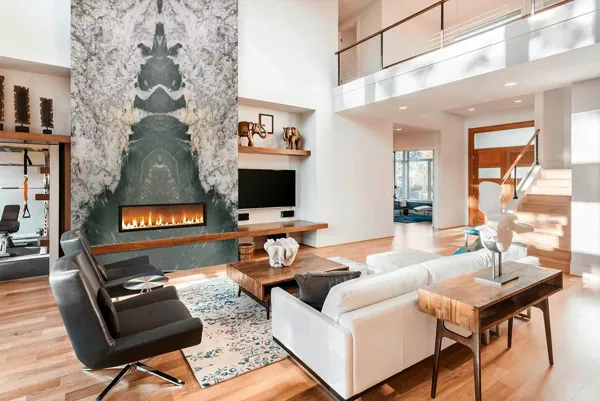 Book-matched fireplace wall (rendering)