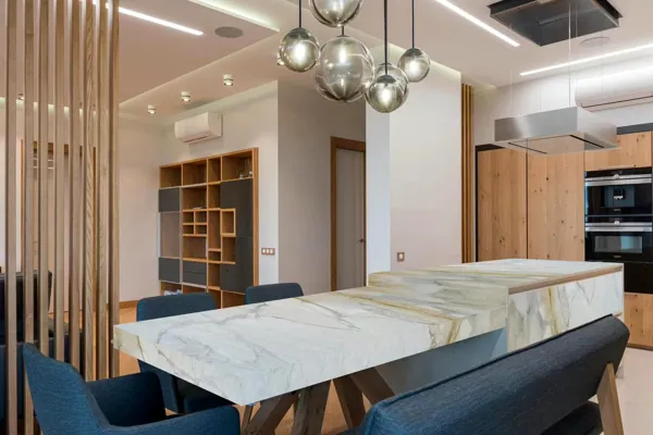 Island, wall and table in a light stone (rendering)