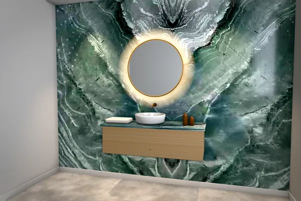 Bathroom with a book-matched stone wall (rendering)