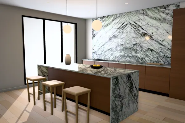 Kitchen with a waterfall island and stone backsplash (rendering)