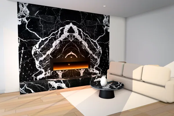 Living room with a stone-clad fireplace (rendering)